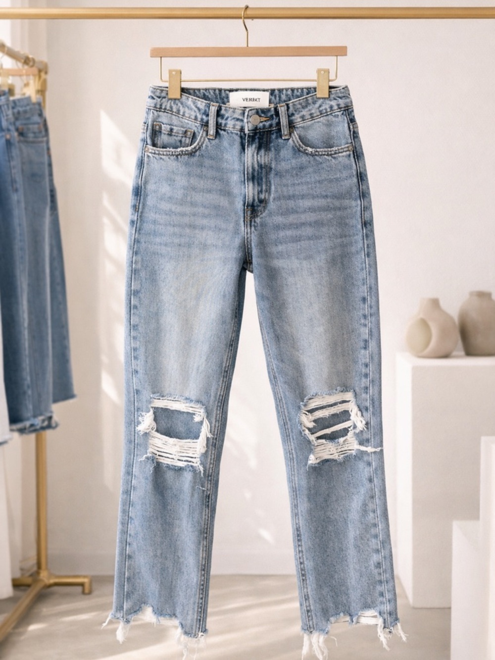VERVET Distressed Straight Leg Jeans Raw Hem High Rise Crop 25